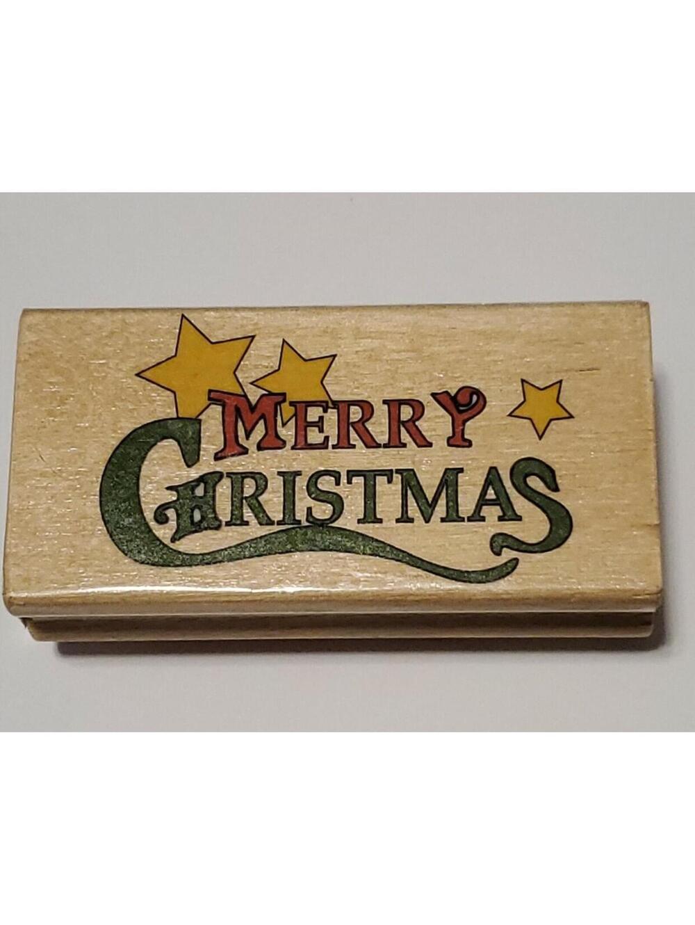 Merry Christmas Rubber Stamp with Stars Wood Block Stamp 3 inches x 1.5 inches